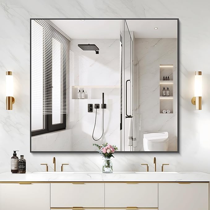 Black Bathroom Mirror for Wall, 36x40 Inch Rectangle Mirrors with Metal Frame, Modern Rectangular Wall Mirror for Bathroom Living Room, Entryway Hangs Horizontal or Vertical-Ruum Studio Home