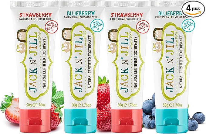 Jack N' Jill Natural Toothpaste for Baby and Infants - Fluoride Free Training Toothpaste, 40% Xylitol, BPA Free - Strawberry & Blueberry, 1.76 oz (Pack of 4)-Ruum Studio Home