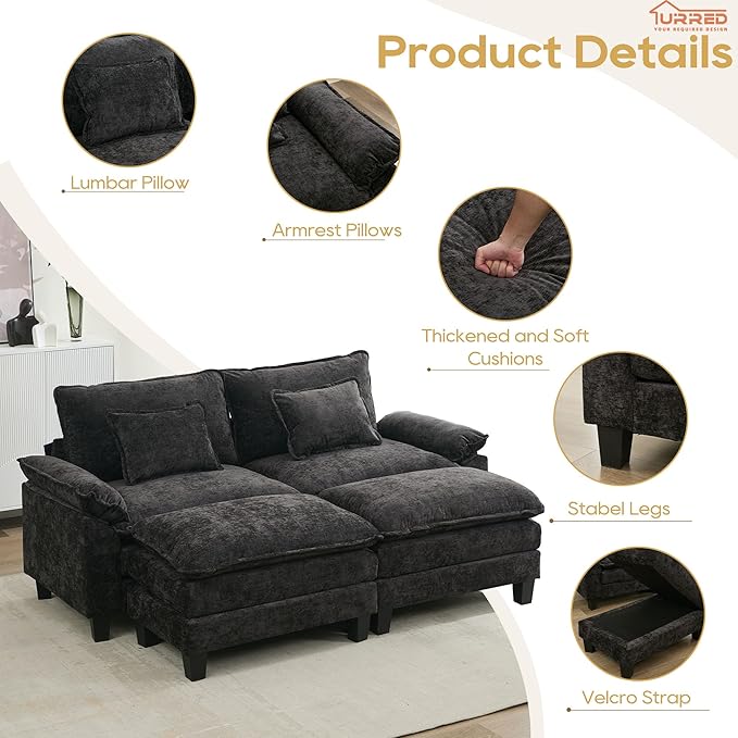 URRED Modular Sectional Sofa Comfy Cloud Couch, Modern Chenille Sofa Sleeper Deep Seat Couches with Ottoman/Pillows for Living Room (Black, 82.6''- 2 Ottomans)-Ruum Studio Home