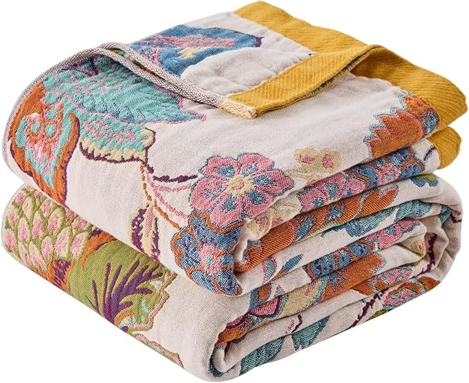 Boho Throw Blanket Reversible Muslin Bohemian Tapestry, Flower Decorated Bohemian Sofa Blanket, Lightweight Breathable 100% Cotton Throw Blanket, Chair Blanket, 50"x60"-Ruum Studio Home