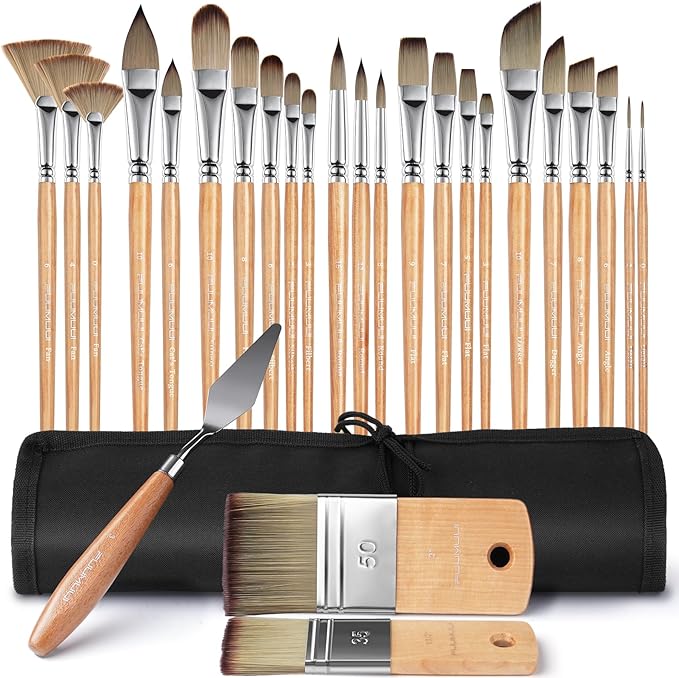 Fuumuui 26pcs Paint Brushes, Professional Acrylic Paint Brush Set Artists Complete Range of Sizes with Upgraded Short Handle Wide Flat & Palette Knife for Acrylic, Oil, Watercolor, Gouache-Ruum Studio Home
