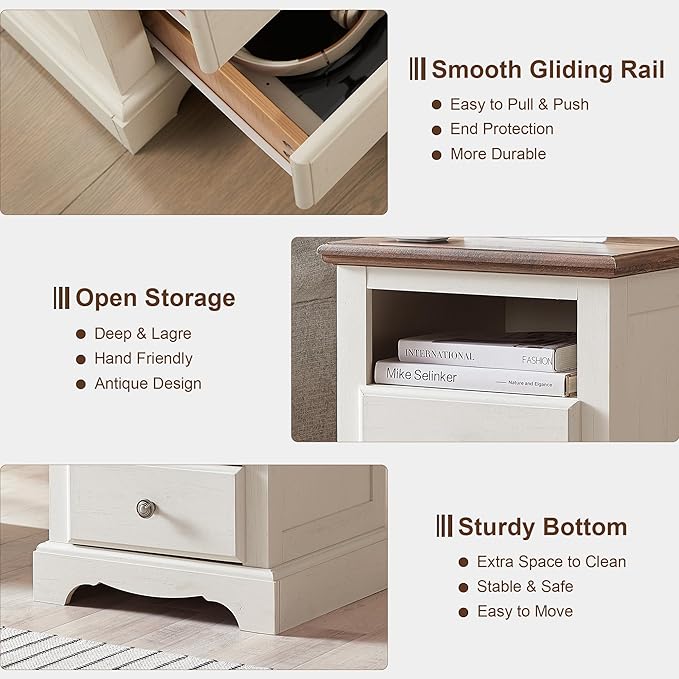 T4TREAM Nightstand with Charging Station, 18 Inch Vintage End Table with 2 Drawers, Wood Rustic Sofa Side Table with Open Storage Shelf for Bedroom, Living Room, Antique White-Ruum Studio Home