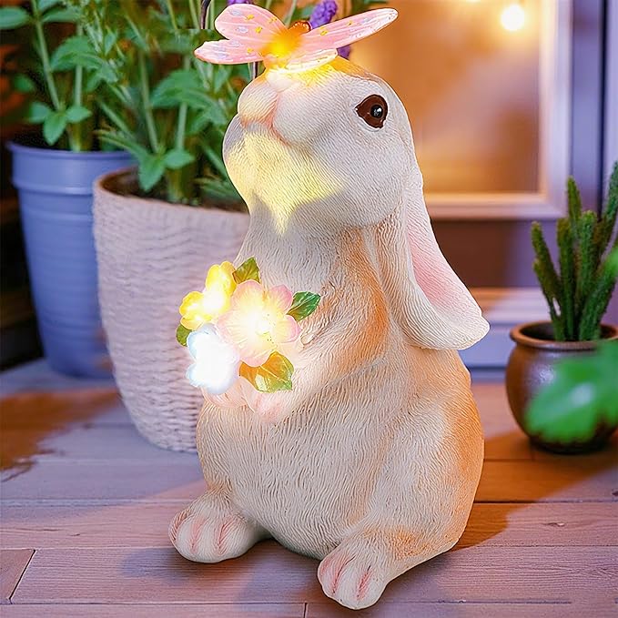 Vermeyen Solar Garden Statues Outdoor Decor-Yard Decorations for Patio,Balcony,Backyard,Lawn Ornaments-Easter Bunny Figurines with LED Light-Unique Birthday Gardening Gifts for Women,Mom,Grandma-Ruum Studio Home