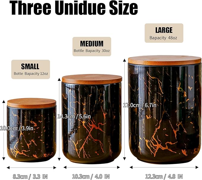 Ceramic Canister Set with Bamboo Airtight Lids, 3-Piece Kitchen Storage Jars (48oz, 30oz, 12oz) – Black with Gold Marble Pattern, Glossy Finish, for Coffee, Sugar, Flour & More-Ruum Studio Home