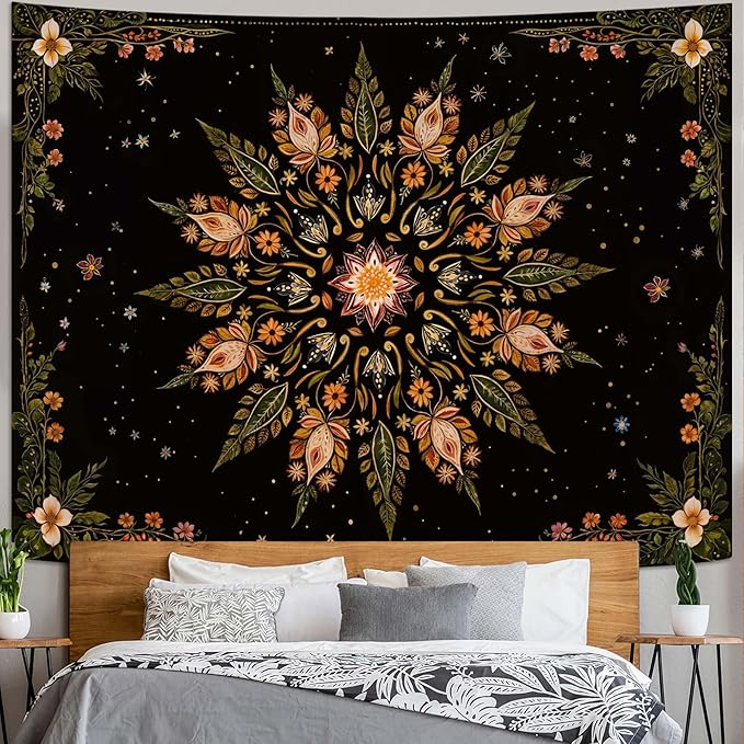 Fowocu Boho Floral Mandala Tapestry for Bedroom Aesthetic Vintage Bohemian Flower Wall Tapestry Black Green Hippie Indian Extra Large Tapestries Wall Hanging for Living Room Dorm Decor 90 x 68 Inch-Ruum Studio Home