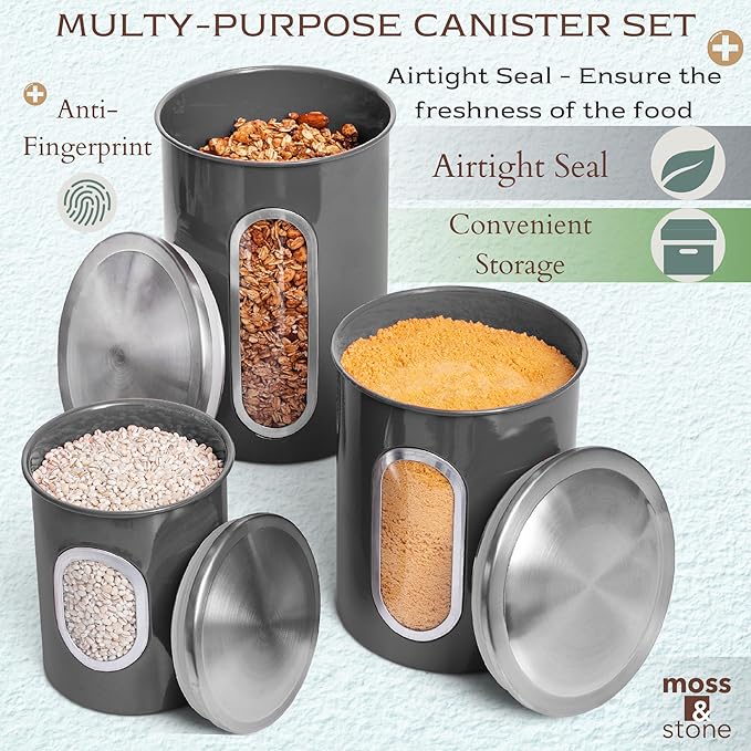 Moss & Stone 3-Piece Gray Canisters Sets For The Kitchen, Airtight Canister Set With See Through Window, Storage Jars for Coffee Container, Tea Organizer & Sugar Canister, Gray Kitchen Canisters-Ruum Studio Home
