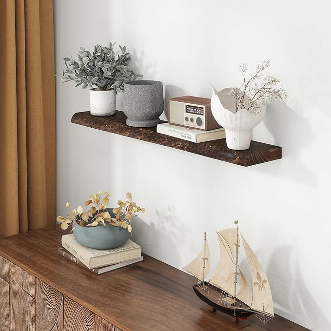 Fun Memories 40" Floating Shelves for Wall, Live Edge Solid Elm Wood Floating Shelf with Invisible Bracket, Wall Mounted Display Wooden Shelves for Bathroom, Kitchen, Bedroom, Walnut Color, Set of 1-Ruum Studio Home