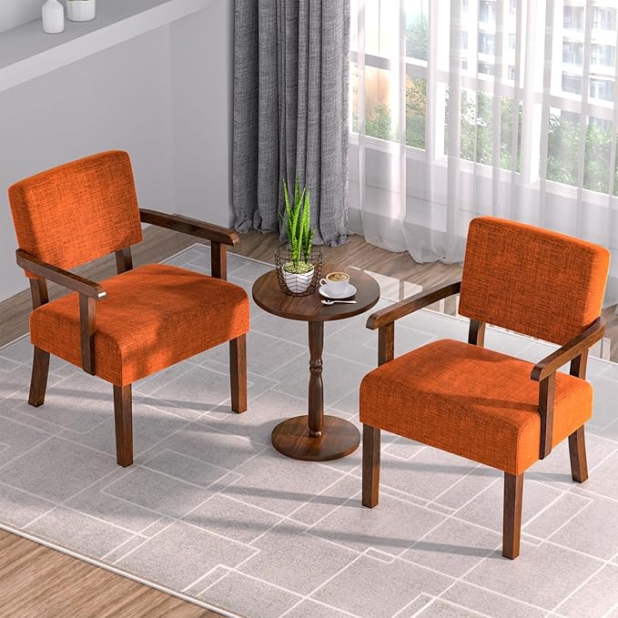 Accent Chair Set of 2 with Table, Living Room Chairs with Soft Seat and Armrests for Living Room Bedroom Reading Room Waiting Room (Orange), Linen, AC01-Ruum Studio Home