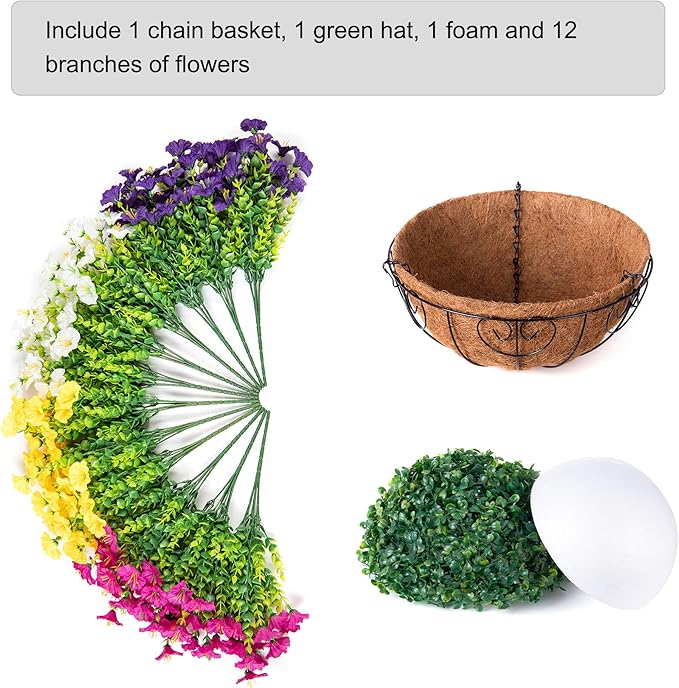 Artificial Faux Hanging Plants Flowers Basket for Spring Summer Outdoors Decoration, Fake Silk Colorful Morning Glory with Eucalyptus Look Real UV Resistant for Outside Porch Patio Balcony Garden Home-Ruum Studio Home