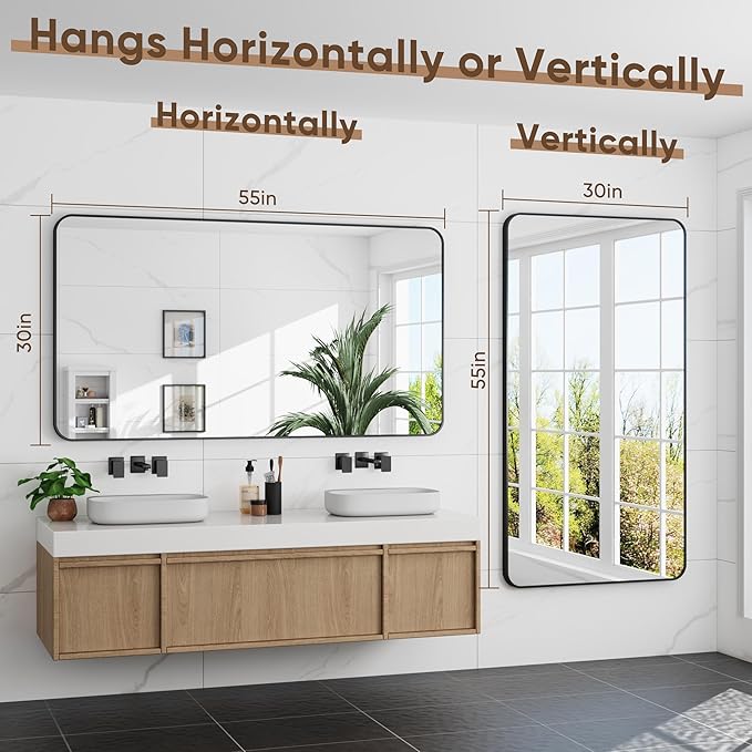 Bathroom Mirror 55" x 30", Large Rectangle Wall Mirror, Black Metal Frame Wall Mounted Mirrors for Bathroom, Vanity, Bedroom, Entryway Decor(Horizontal/Vertical)-Ruum Studio Home