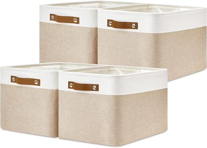 DULLEMELO Fabric Storage Bins for Laundry, Home, Foldable Storage Baskets for Shelves, Toys, Collapsible Storage Bins for Office, Closet,Bedroom(White&Khaki,15"x11"x9.5",4-Pack)-Ruum Studio Home