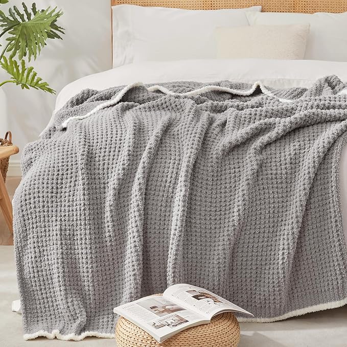 Snuggle Sac Ultra Soft Waffle Throw Blanket for Couch Bed Sofa 50x60 inches, Reversible Grey Blanket Microfiber Fluffy Fuzzy Cozy Knit Throws for Women Mothers Birthday Gifts-Ruum Studio Home