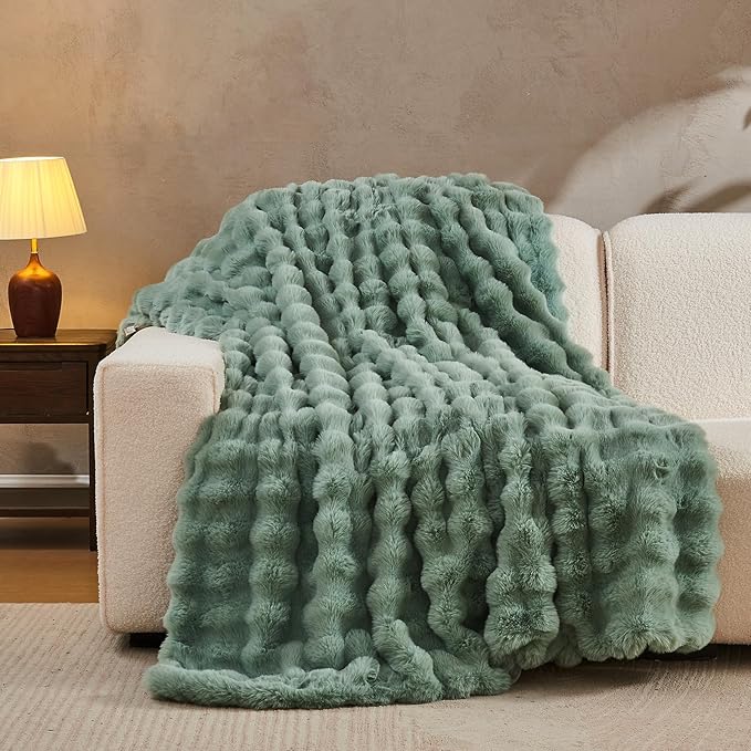 Lotus Karen Faux Fur Throw Blanket Sage Green - Big Bubble Rabbit Fluff Blanket for Couch Bed Sofa,Softest Fluffy Fuzzy Cozy Blanket, Plush Thick Furry Shaggy Warm Blankets for Women,50x60 Inches-Ruum Studio Home
