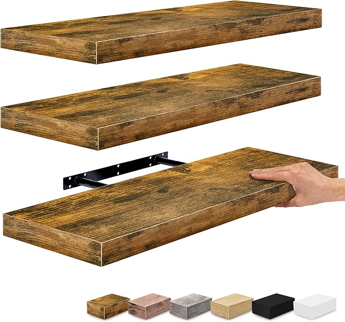 Sorbus Floating Shelves for Wall - 24" Bathroom Shelves, Wall Decor for Bedroom, Kitchen, Living Room, Home Decor & Book storage - Mounted Floating Shelf with Invisible Brackets (Rustic Brown, 3 Pack)-Ruum Studio Home