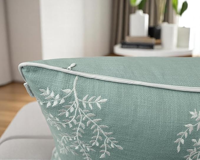VAGMINE Embroidered Leaves Throw Pillow Cover - 20x20 Inches Square - 100% Cotton Light Teal Cushion Cover - Elegant Leaf Embroidery - Soft Boho Accent for Sofa, Lounge, Contemporary Décor-Ruum Studio Home
