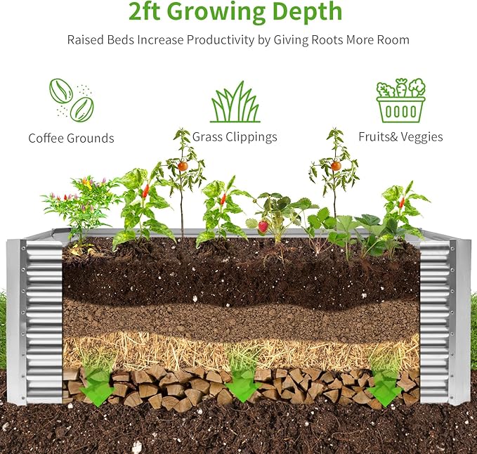 Land Guard 6×3×2 ft Galvanized Metal Raised Garden Bed, 2FT Deep Root Elevated Planter Box Steel Large Vegetable Flower Bed Kit（Silver）-Ruum Studio Home