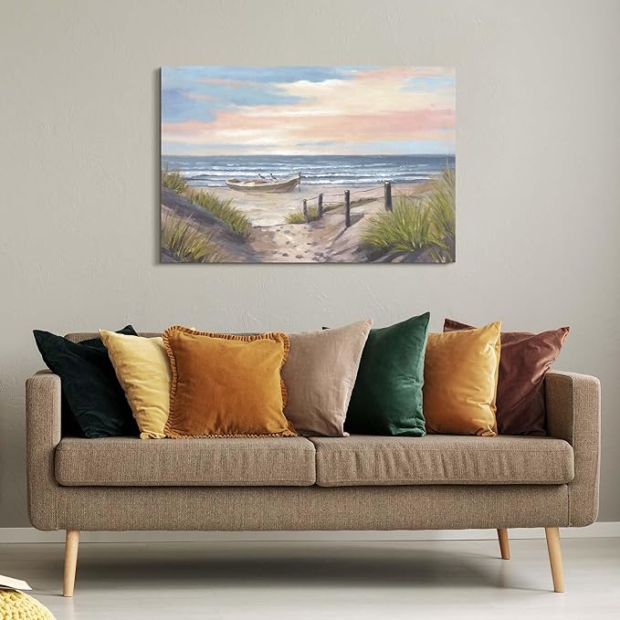 cozy country Ocean Wall Art 45"x30" - Coastal Pictures Beach Canvas Decor - Seashore Artwork Seascape Hand Painting for Living Room, Bedroom, Sea House-Ruum Studio Home