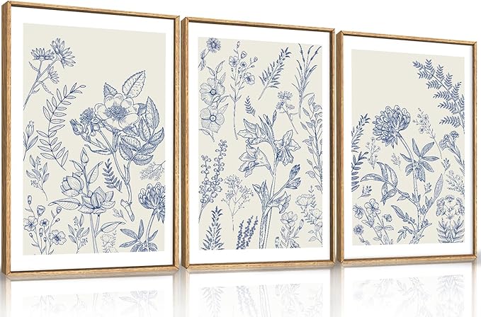 HPINUB Classic Chinoiserie Floral Framed Canvas Wall Art Set,Watercolor Blue and White Botanical Flowers Wall Decor,Navy Blue Minimalist Wildflower Art Print for Living Room,Bedroom,Office-16 x24 x3-Ruum Studio Home