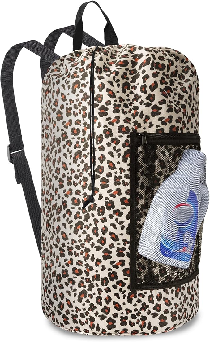 Laundry Bag Backpack Durable Laundry Bag with Shoulder Straps and Mesh Pockets Portable Laundry Dirty Clothes Hamper Bag for College Dorm (Leopard Print)-Ruum Studio Home