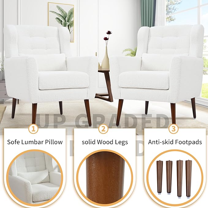 Accent Chair Set of 2, Upholstered Armchair with Pillow, Teddy Single Sofa with Lounge Seat and Wood Legs for Living Room Small Spaces-Ruum Studio Home
