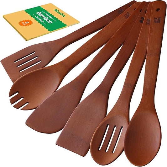 Riveira Premium Brown Bamboo Wooden Spoons for Cooking Set of 6 – Premium Brown Bamboo Wooden Cooking Utensils, Wooden Spatula, Wooden Spoon - Premium Quality Wooden Utensil Set for Non-Toxic Cooking-Ruum Studio Home