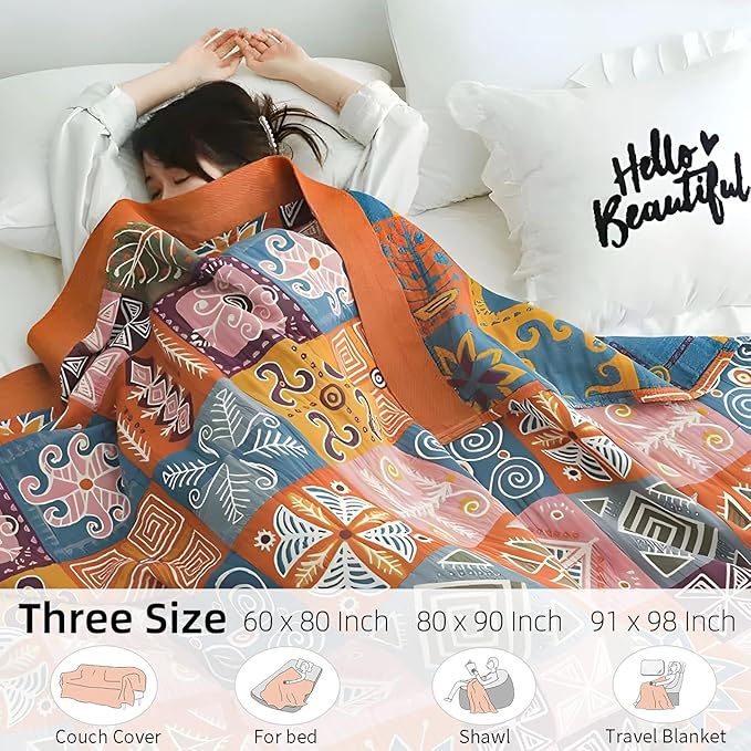 Boho Throw Blanket for Bed - 100% Pure Cotton Ultra Soft Rustic Quilt - Farmhouse Decor Bed Blankets, All Season Rustic Throw for Sofa Couch Chair(60"×80", Art Squares)-Ruum Studio Home