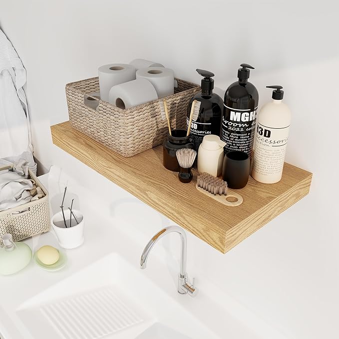 12 Inch Deep Floating Shelves, 24 x 12 Floating Shelf for Books, Rustic Wood Deep Wall Shelves for Home Storage & Display, 2" Thicked Shelves for Kitchen, Living Room, Bedroom, Oak Color, 1 Pack-Ruum Studio Home