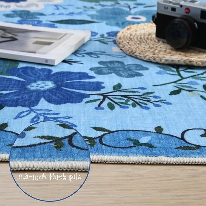 Door Mat Indoor Entrance 2x3 Rug Machine Washable Boho Floral Small Area Rug Non-Slip Low Pile Throw Rugs for Entryway, Kitchen, Front Door Indoor Entrance, Entry, Kids Room (Blue)-Ruum Studio Home