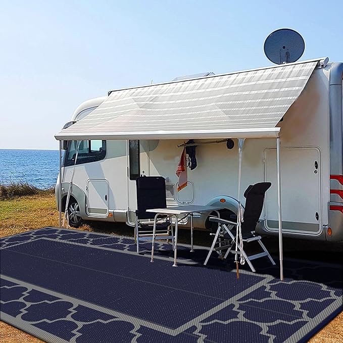 GENIMO 9 ' x 18 ' Outdoor Rug Waterproof for Patio Decor, Foldable Reversible Plastic Straw Area Rugs Mat for Camper, Outside Carpet for Rv, Deck, Porch, Picnic, Beach, Balcony, Blue & Grey-Ruum Studio Home