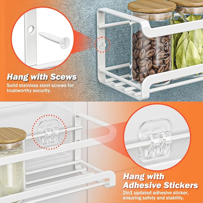 Spice Rack wall mounted 4 Pack, Space-Saving Spice Organizer for Spice Jars and Seasonings,Screw or Adhesive Hanging Spice Rack Organizer for Your Kitchen Cabinet,or Pantry Door,White-Ruum Studio Home
