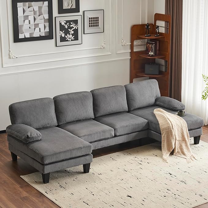 Karl home U-Shape Sectional Sofa Couch 111" Modern 4-Seat Sofa with Chaises Corduroy Fabric Upholstered Covertible Couch with Wood Grain Legs for Living Room, Reception Room, Apartment, Dark Gray-Ruum Studio Home