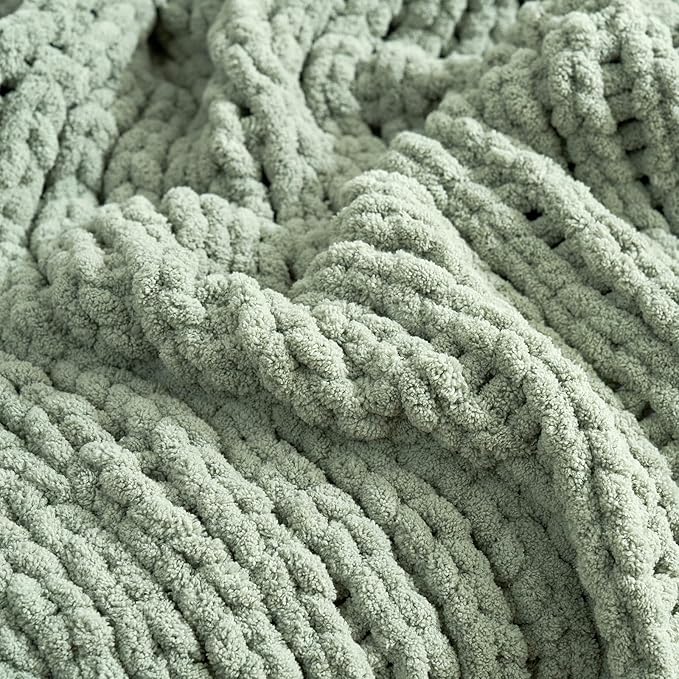 Amélie Home Chunky Knit Throw Blanket for Couch, Soft Chenille Crochet Blanket for Children, 40"x50", Sage Green-Ruum Studio Home