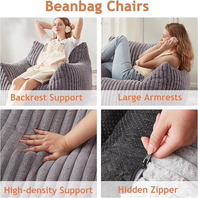 Giant Bean Bag Chairs for Adults with Filling Plush Fluffy Bean Bag Chairs for Teens with Armrests Comfy BeanBag Lazy Couch Sofa Chair for Bedroom Living Room Reading (Dark Gray2, M-for Teens/Adults)-Ruum Studio Home