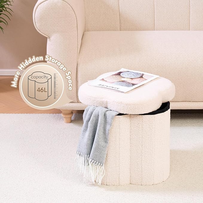 B FSOBEIIALEO Storage Ottoman Cube, Flowers Shaped Ottomans with Storage Foot Stool Footrest, Boucle Ottoman Seat for Dorm Room, Faux Teddy Fur, Cream White 15"x15"x15"-Ruum Studio Home