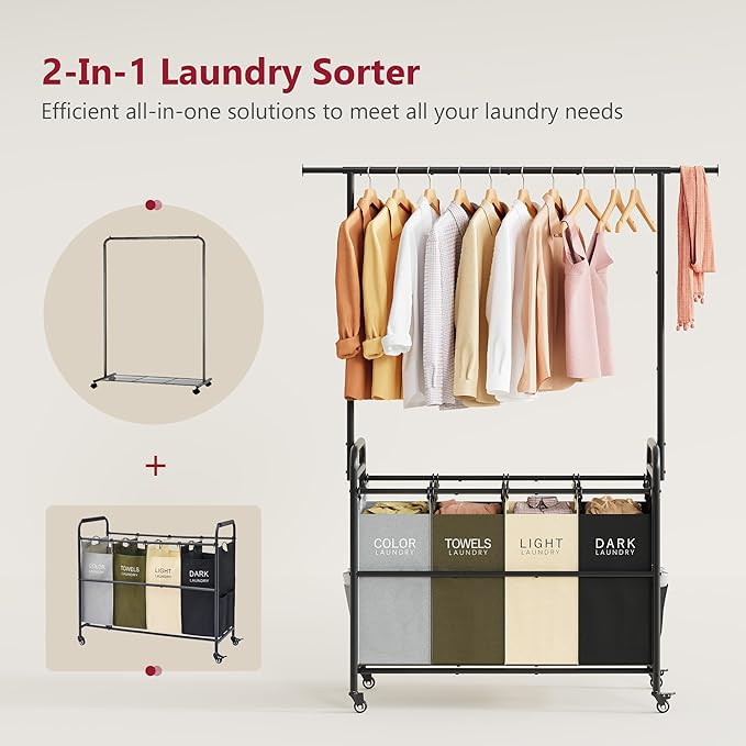 Tajsoon Laundry Sorter Cart with Hanging Clothes Rack, 4 Butler Sorter Basket Organizer, Laundry Hamper Cart with Heavy Duty Rolling Lockable Wheels, 4 Colors-Ruum Studio Home
