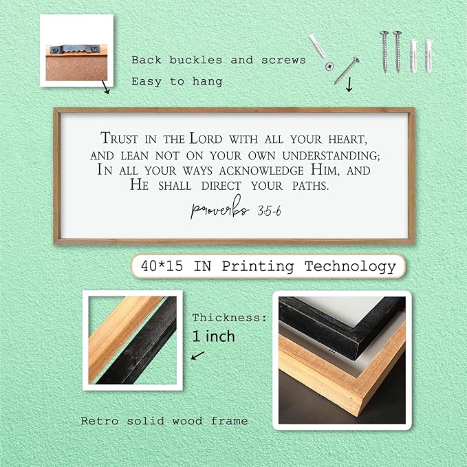 LuZhiQiang Trust in the Lord With All Thine Heart Wall Decor Art 40"×15" Bible Verse Proverbs 3:5-6 Sign Scripture Christian Large Wood Framed Hanging (Wood)-Ruum Studio Home