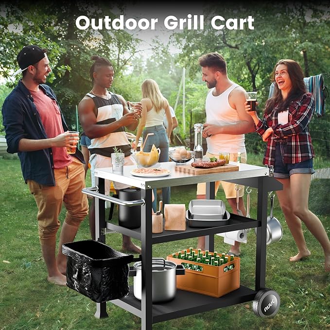 NUUK 3-Shelf Grill Cart with Stainless Steel Top – 20" x 32" Mobile Outdoor Kitchen Table for Pizza Oven, Food Prep, and Dining – Worktable with Wheels,-Ruum Studio Home