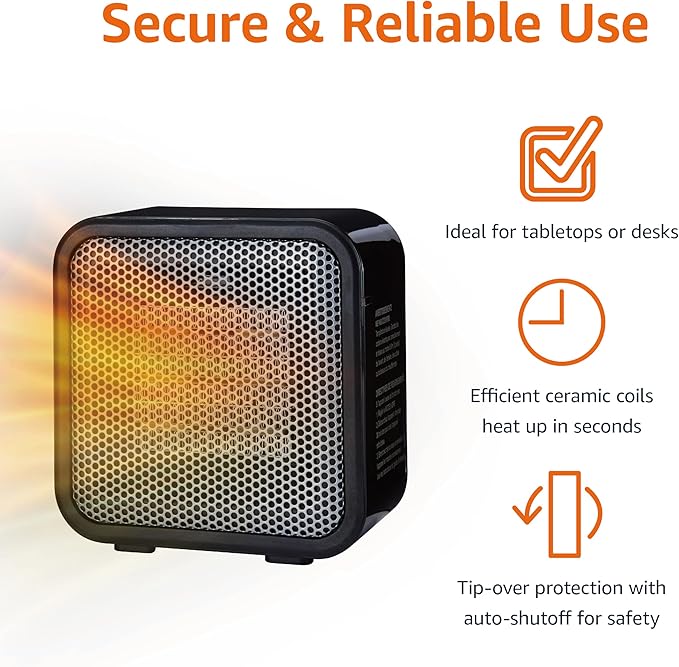 Amazon Basics Ceramic Space Heater, Mini Heater for Office Desk, Portable Tent Heater for Camping (Indoor Use), 500 W, With Tip-Over Protection, Lightweight (1.4 LBS), Black, 5.87”D x 3.15”W x 5.95”H-Ruum Studio Home