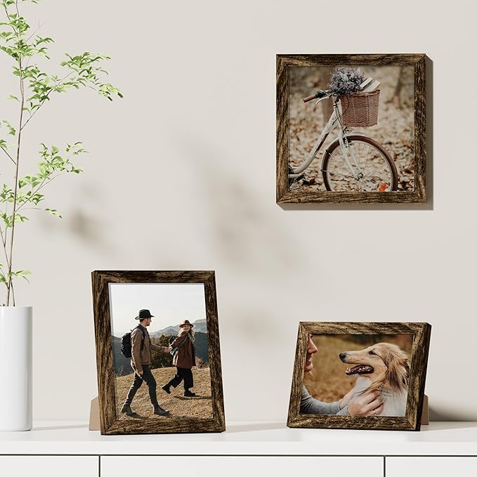 Vittanly 8x8 Picture Frames Set of 9, Shatter Resistant Plexiglass, Display 4x4 Pictures with Mat or 8x8 without Mat, Photo Frames for Wall Mount, Engineered Wood, Brown-Ruum Studio Home