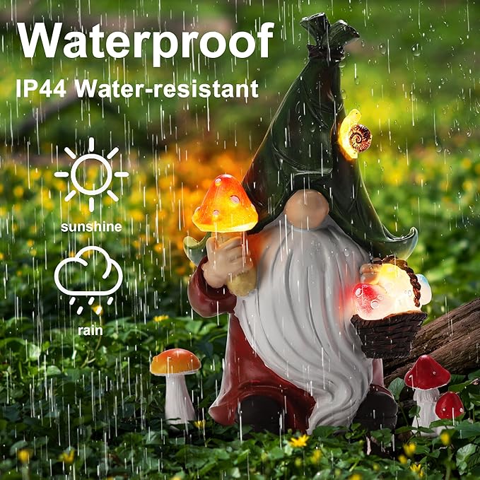 Mushroom-Picking Gnome Solar Garden Statue with 3 LED Lights, Set with 1 Gnome and 2 Small Mushroom, Lovely Garden Gnome Set for Patio, Yard, Lawn Ornament, Outdoor Decor-Ruum Studio Home