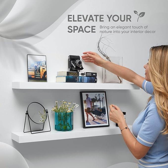 Homeforia White Floating Shelves 36 inch, High End Solid Real Wood 36inch Floating Shelf for Wall Mounted, White Wooden 36in Long Floating Shelves, Heavy Duty Bracket, 36 X 6.5 X 1.75 inches, Set of 2-Ruum Studio Home