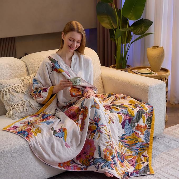 Boho Throw Blanket, 100% Cotton Ultra Soft Luxury Throw Rustic Quilt, 50"x60" Floral Bird Butterfly Farmhouse Decor Bed Blankets, All Season Rustic Reversible Bohemian Throw for Bed - Yellow-Ruum Studio Home