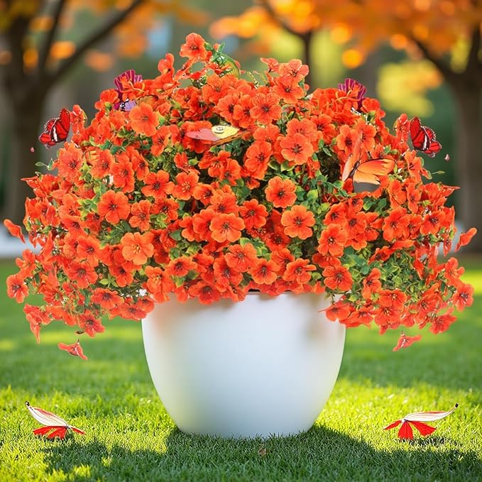 ‌20 Bundles Artificial Flowers for Outdoors‌ with 6 Faux Butterflies, UV Resistant ‌Fake Flowers‌ with Eucalyptus Leaves, ‌Artificial Plants Outdoor‌ for Patio Garden Porch Home Decor (Orange)-Ruum Studio Home