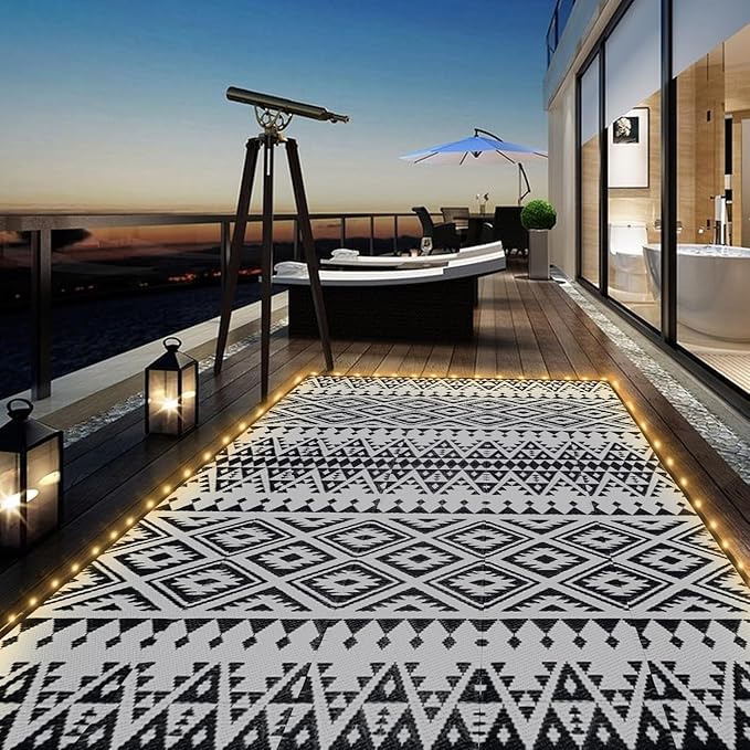 Outdoor Rug Mat with Led Strip Lights for Patio, 8x10ft Waterproof Reversible Plastic Straw Rugs, Camping Carpet Area Mats for RV, Porch, Deck, Backyard, Balcony, Camper, Black & White-Ruum Studio Home