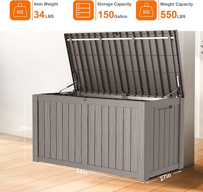 150 Gallon Resin Deck Box, Lockable Patio Outdoor Storage Box for Furniture, Garden Tools and Tools Storage, Waterproof Outside Storage Boxes - Grey-Ruum Studio Home