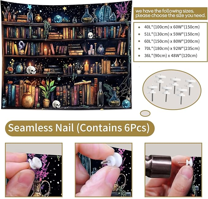 HVEST Magic Bookshelf Tapestry Vintage Bookshelf Witchy Books Plant Skull Gothic Halloween Tapestry Wall Hanging Starry Sky Wall Decor for Bedroom Living Room Dorm, 40L x 60W Inches-Ruum Studio Home