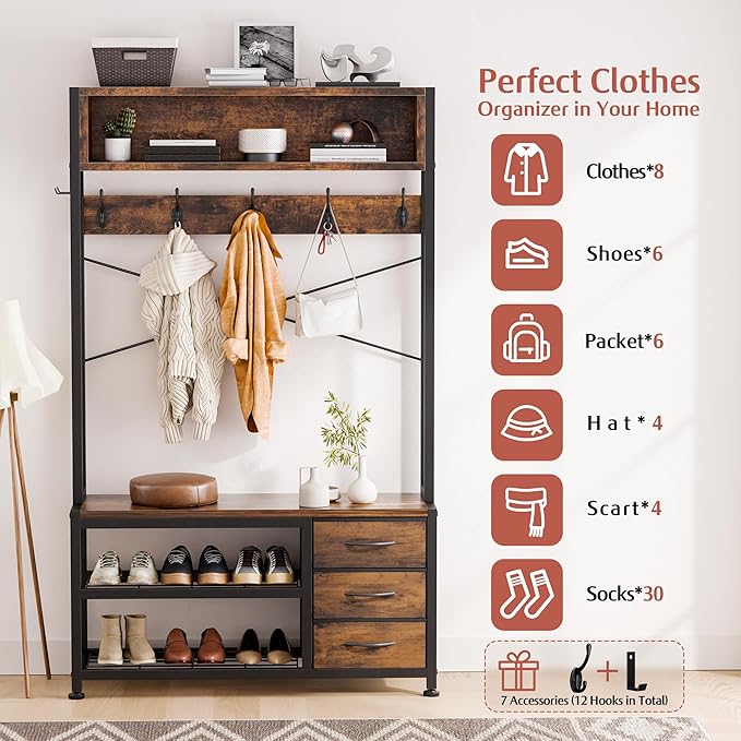Lulive Hall Tree with Bench and Shoe Storage, 31.5" Coat Rack Freestanding with 2-Tier Storage Shelf, 6-in-1 Entryway Bench Coat Rack with 12 Hooks and 3 Drawers(Rustic Brown)-Ruum Studio Home