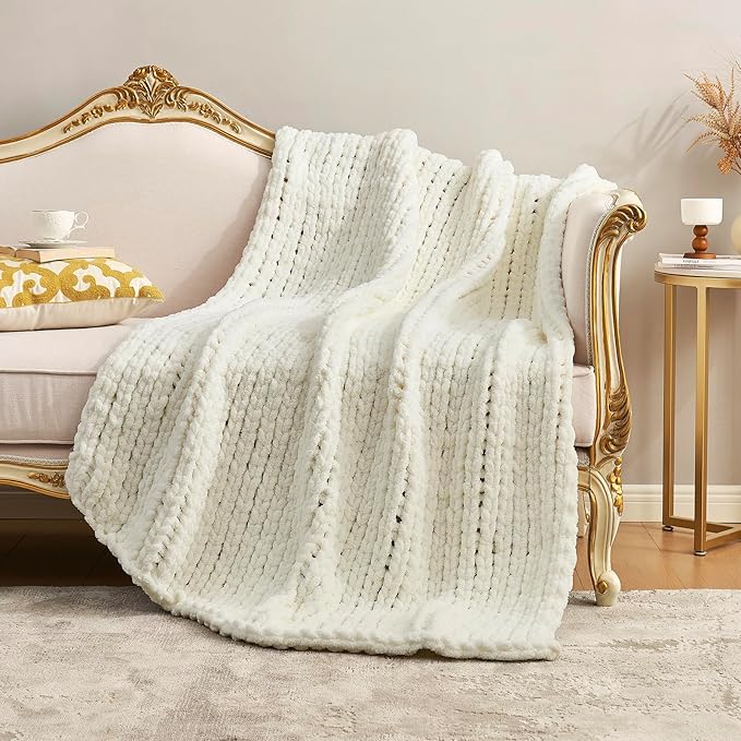 Amélie Home Chunky Knit Throw Blanket for Couch, Soft Chenille Crochet Blanket for Sofa, 50"x60", Ivory-Ruum Studio Home