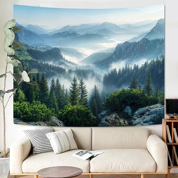 AMM Nature Forest Mountain Tapestry Green Misty Pine Tree Tapestry for Bedroom Aesthetic Foggy Woodlands Sky Landscape Tapestries Wall Hanging for Living Room Dorm 48 x 36 Inch-Ruum Studio Home