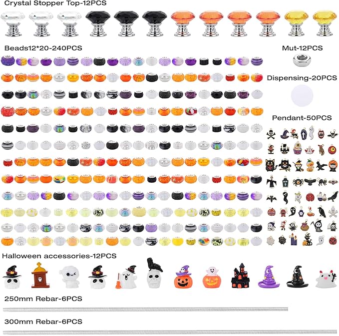 358PCS Halloween Beaded Garden Stakes, DIY Halloween Fairy Wand Garden Stake Decorative Kit with 12 in or 10 in Threaded Rod, Crystal Top, Large Holes Bead, Pendant for Outdoor or Indoor Decoration-Ruum Studio Home